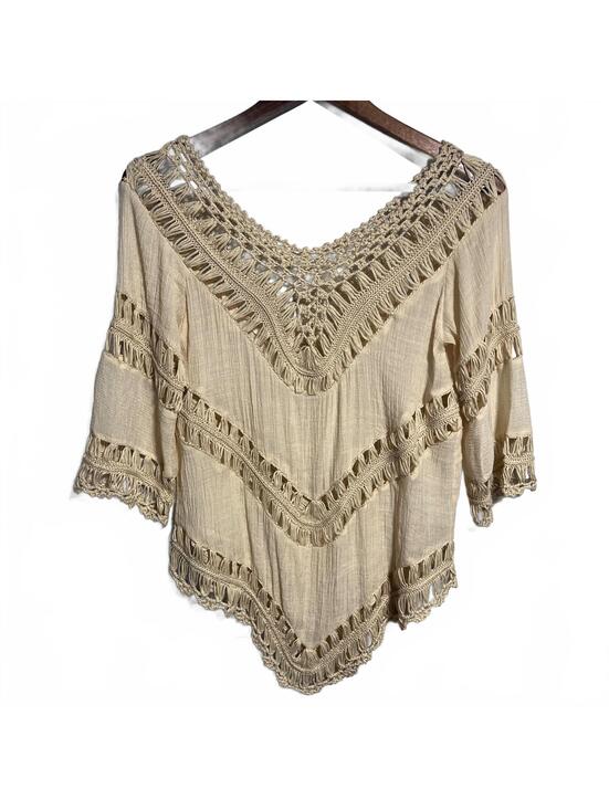 Tops - Bohemian Style Poncho Cream Crochet Trimmed V-Neck Top Women’s Small